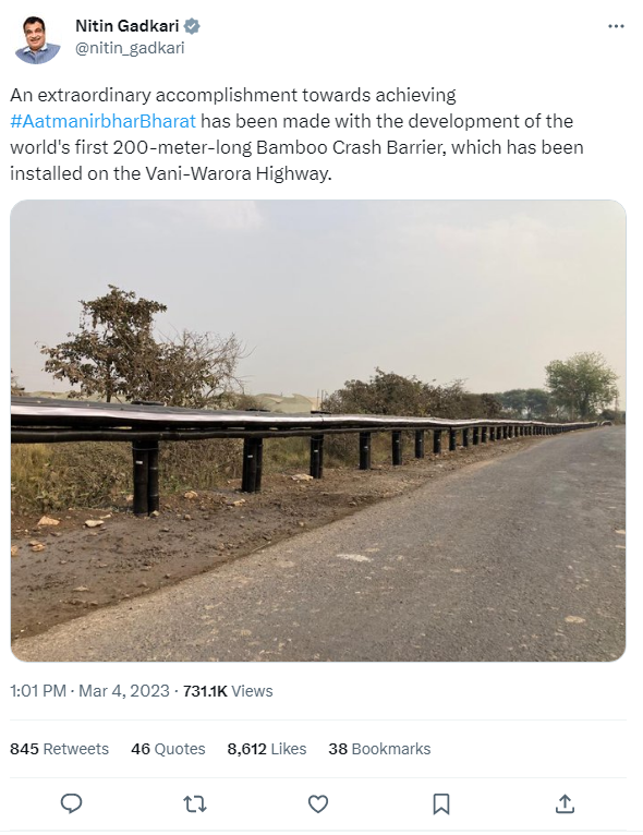 nitin gadkari tweet on bamboo crash barrier